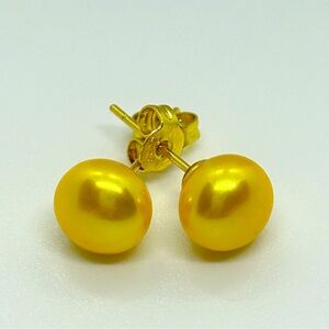 7-8mm Golden Freshwater Pearl Gold Plated Stamped 925 Sterling Silver Earrings